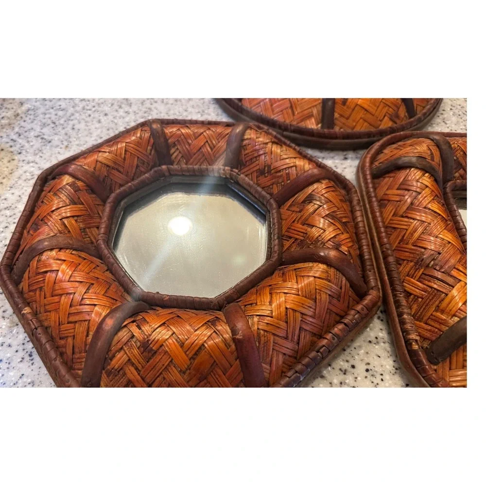 Vintage Woven Rattan Bamboo Wall Mirror Set 3 Brown Boho Nautical  Coastal MCM